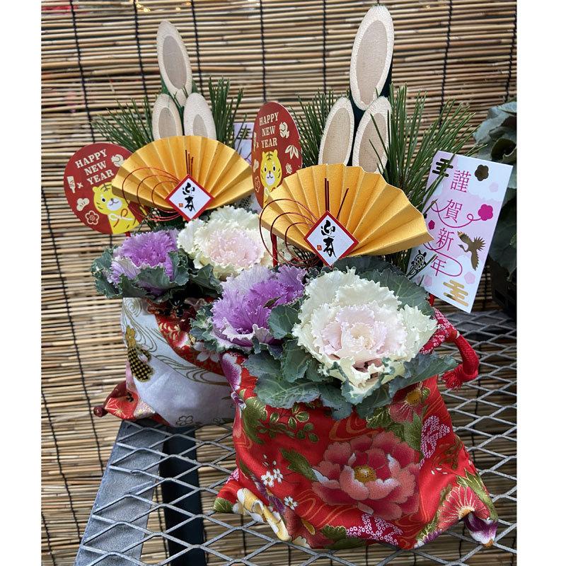お正月飾り】葉牡丹・迎春ミニ門松アレンジ 5号（巾着袋入り） : 植物