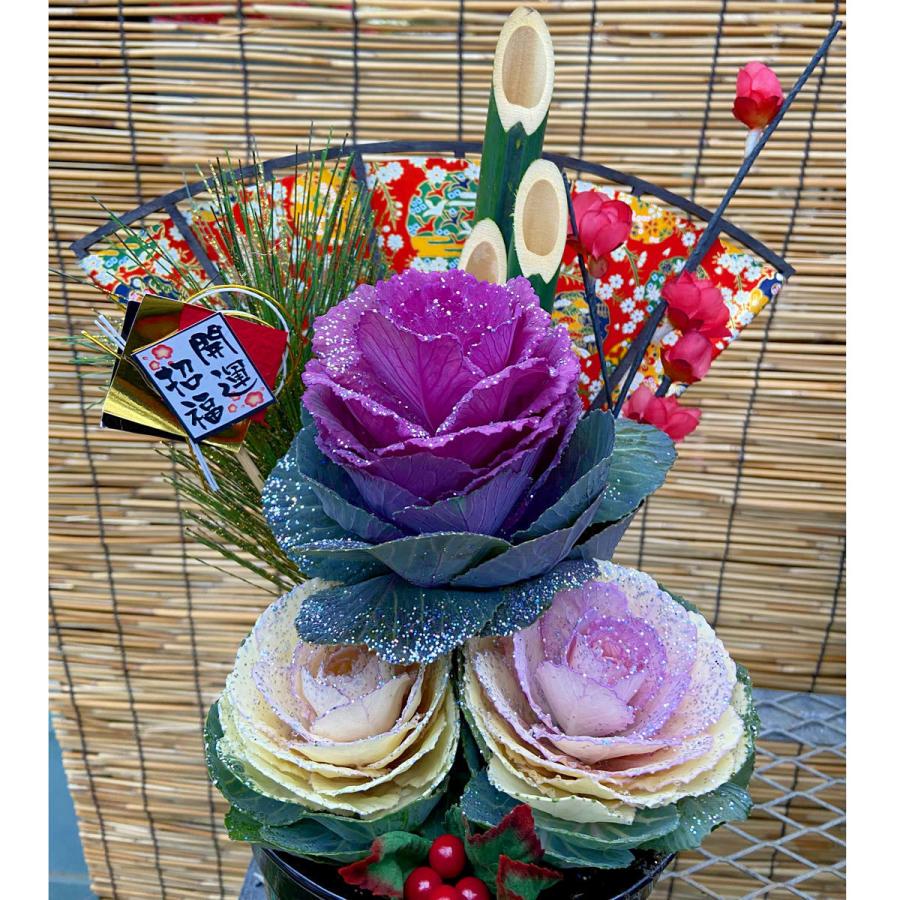 お正月飾り】葉牡丹・迎春ミニ門松アレンジ（陶器鉢） : 植物・園芸