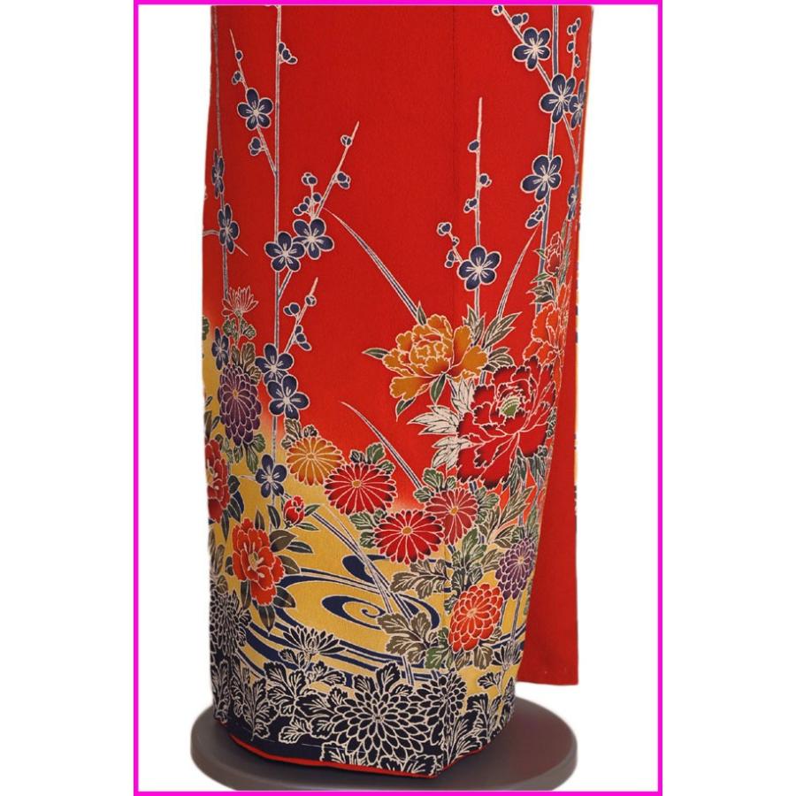 振袖レンタルF618 赤地裾黒紅型染め花柄 : 着物レンタル京都衣裳華小町