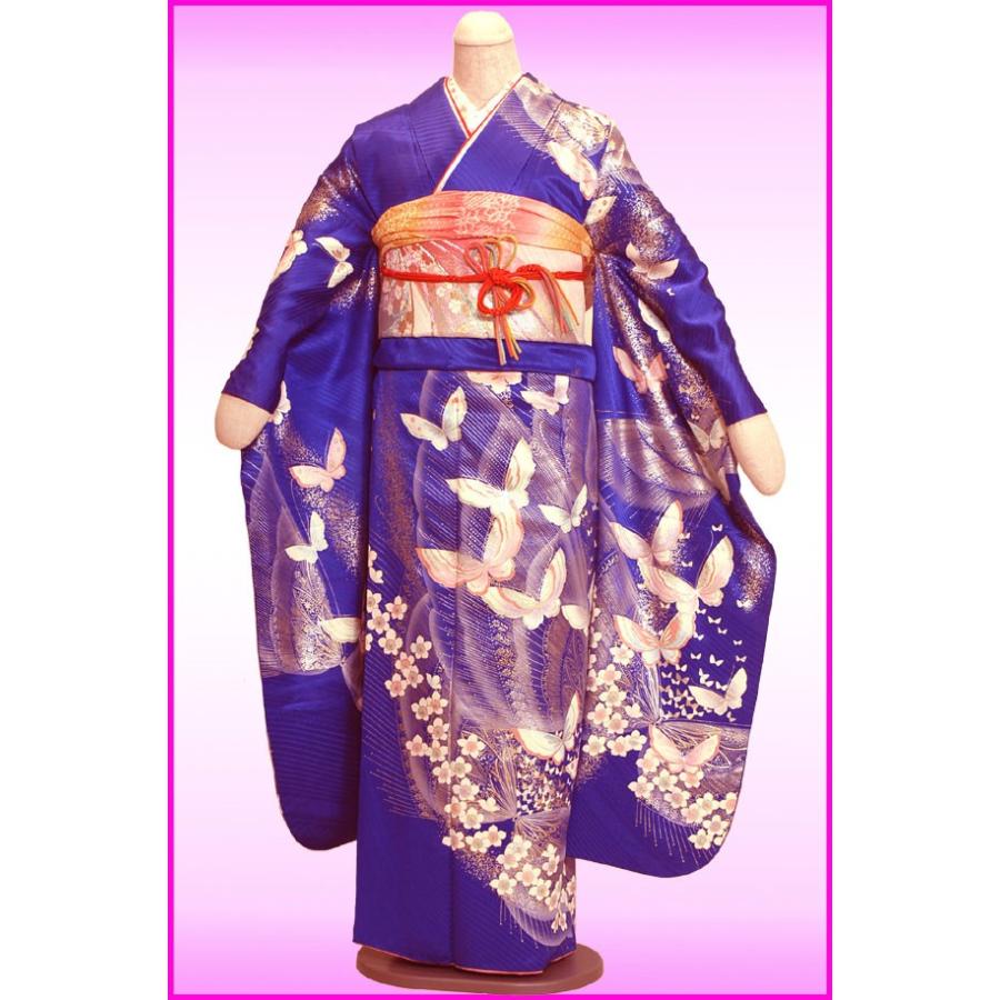 〔成人式レンタル〕振袖レンタルF554　ブルー地に蝶と花