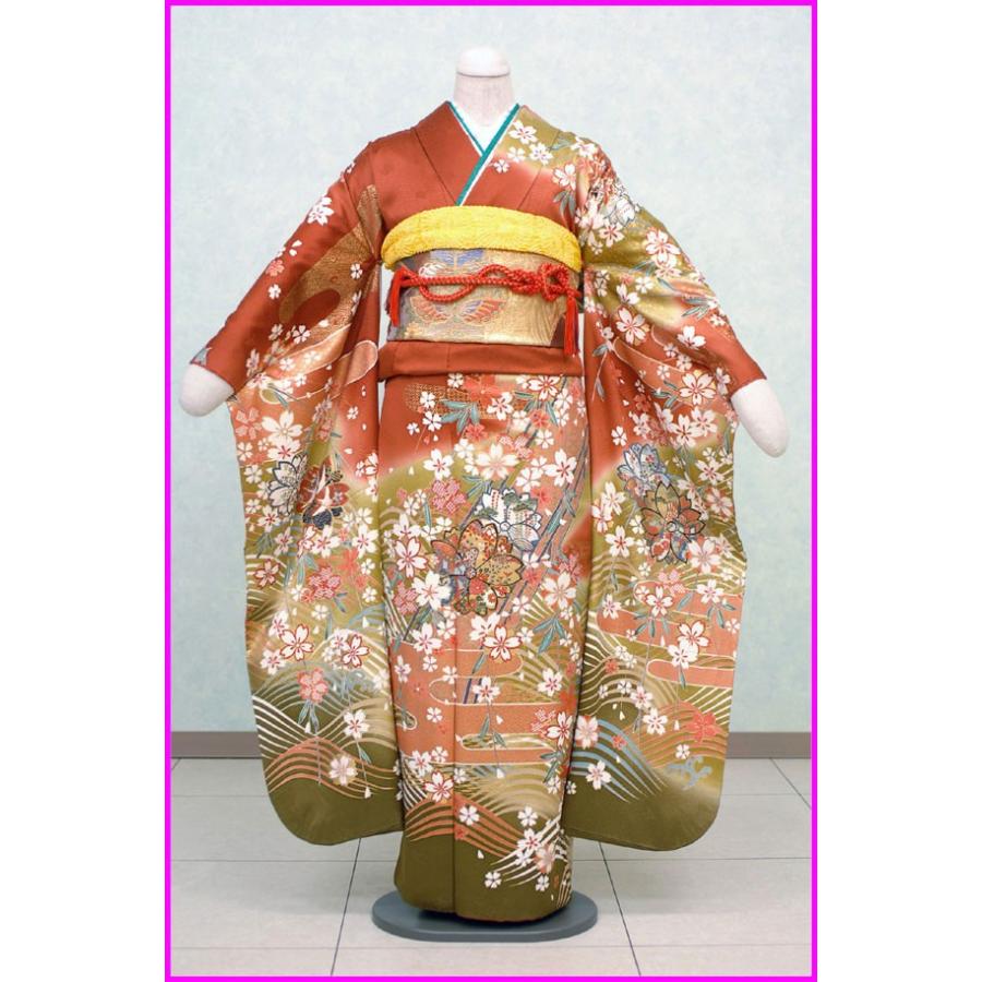 成人式レンタル〕振袖レンタルF567 茶と金茶色ぼかし 桜に波 : 着物 