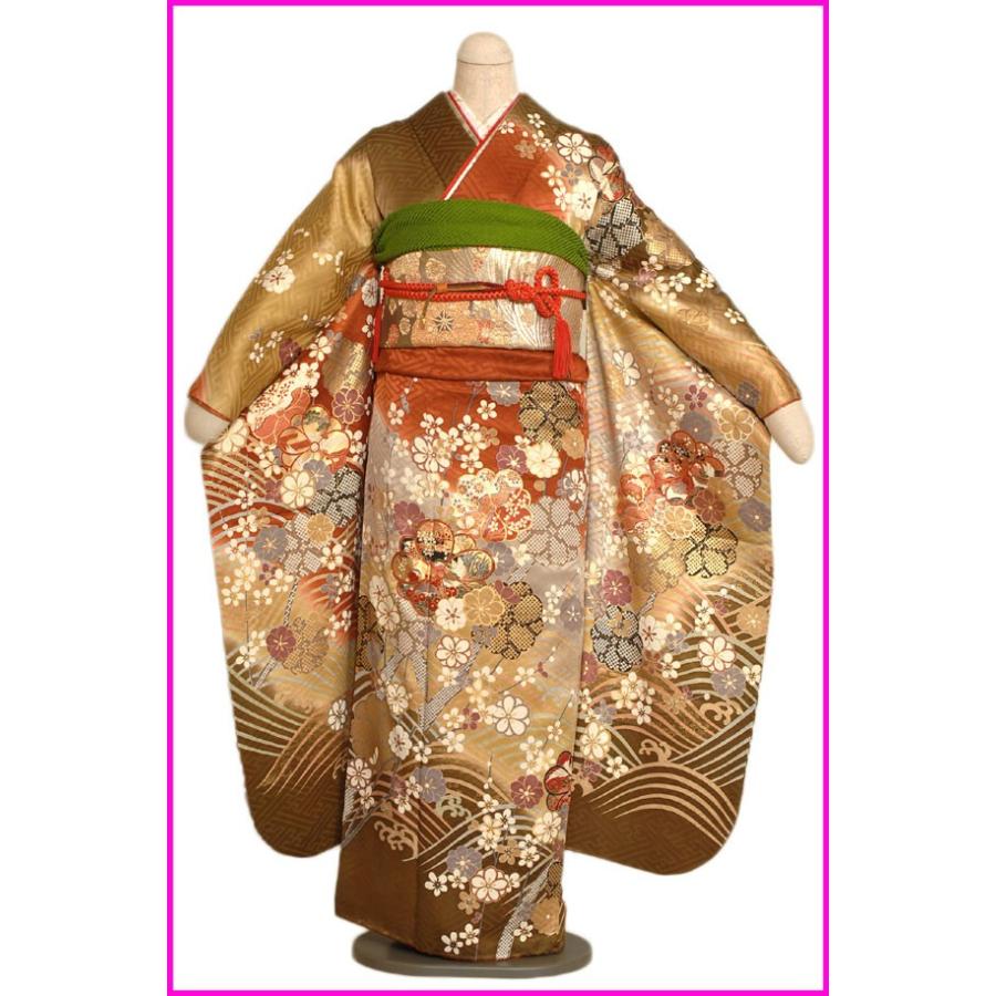 成人式レンタル〕振袖レンタルSF570 茶色金地ぼかし波に花柄  