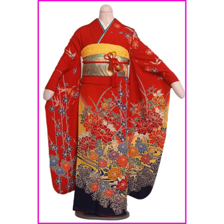 成人式レンタル〕振袖レンタルSF618 赤地裾黒紅型染め花柄 : 着物