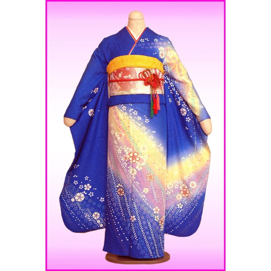 〔成人式レンタル〕振袖レンタルF649　ブルーラメ地ぼかしに花流水