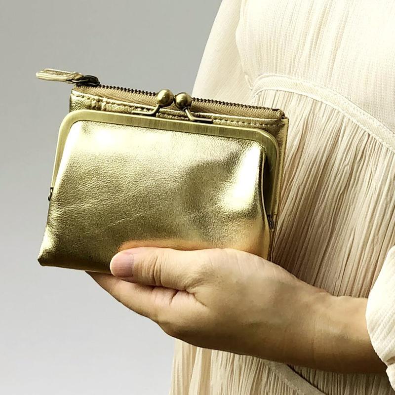 二つ折り財布 レディース がま口財布 ラム革 本革 メタリック 二つ折り財布 レディース がま口財布 ラム革 本革 メタリック