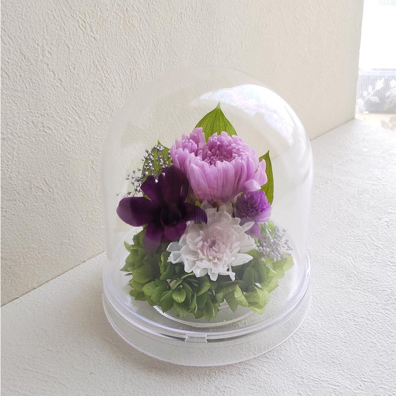 仏花一対 左右対称 ドーム型 プリザーブドフラワー 菊をベースに制作 薄紫 仏花 プリザーブドフラワー ミニ仏壇用 ドーム 水替え不要 仏壇 初盆