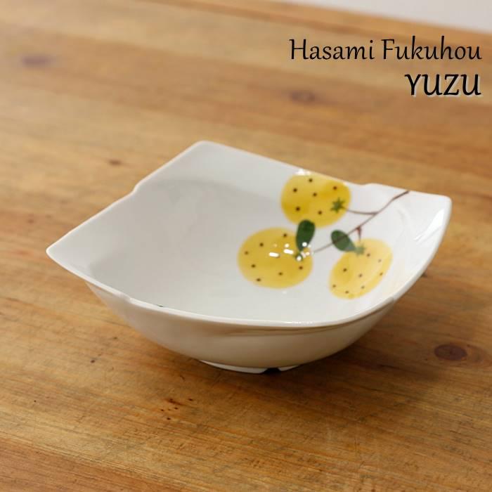 波佐見焼 角鉢 手描き柚子 ゆず おしゃれ かわいい 高級 食器 器 皿 鉢｜hanamaru-y