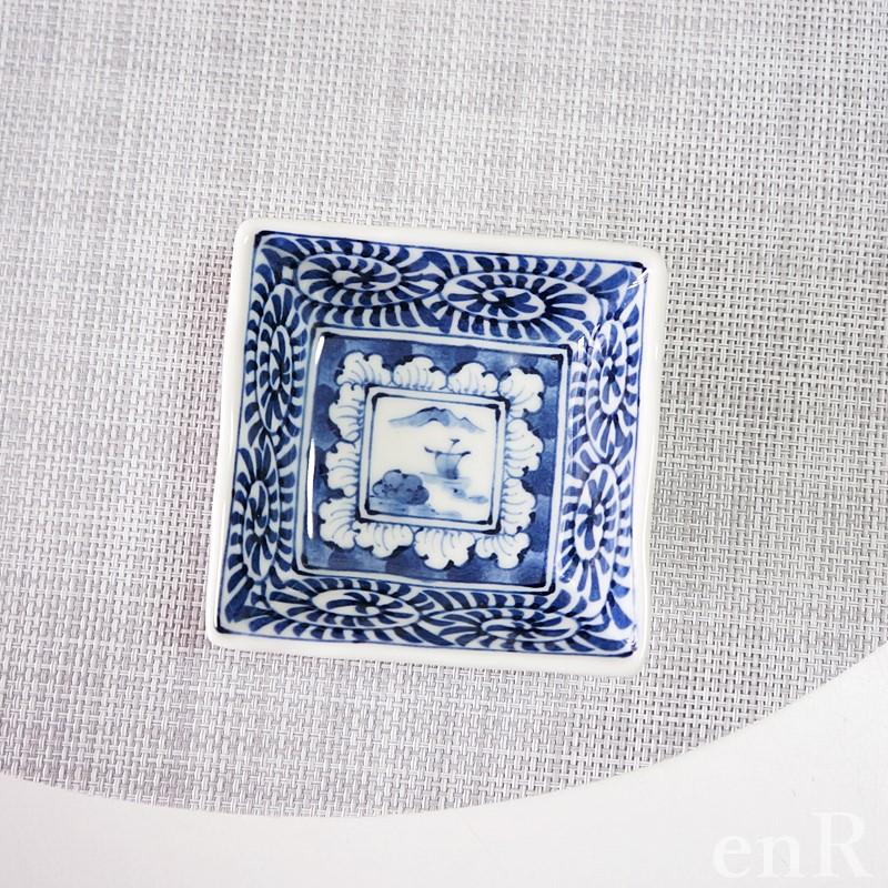 波佐見焼 小皿 小付 小鉢 染付絵変わり 山水唐草寄せ変形角皿小