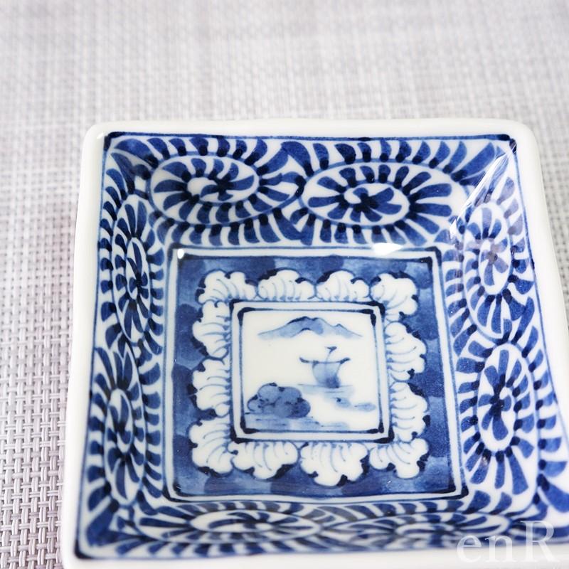 波佐見焼 小皿 小付 小鉢 染付絵変わり 山水唐草寄せ変形角皿小