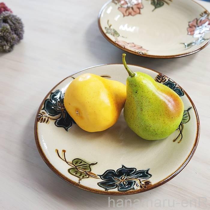 やちむん (沖縄陶器) 7寸皿 ハイビスカス 青 プレート 皿 食器 大皿 中