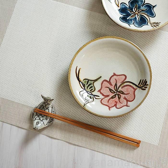 やちむん (沖縄陶器) 5寸皿 ハイビスカス 赤| プレート 皿 食器 取皿