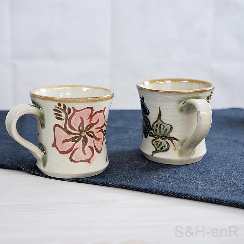 マグカップ おしゃれ やちむん 沖縄陶器 マグ ハイビスカス 線彫り 赤