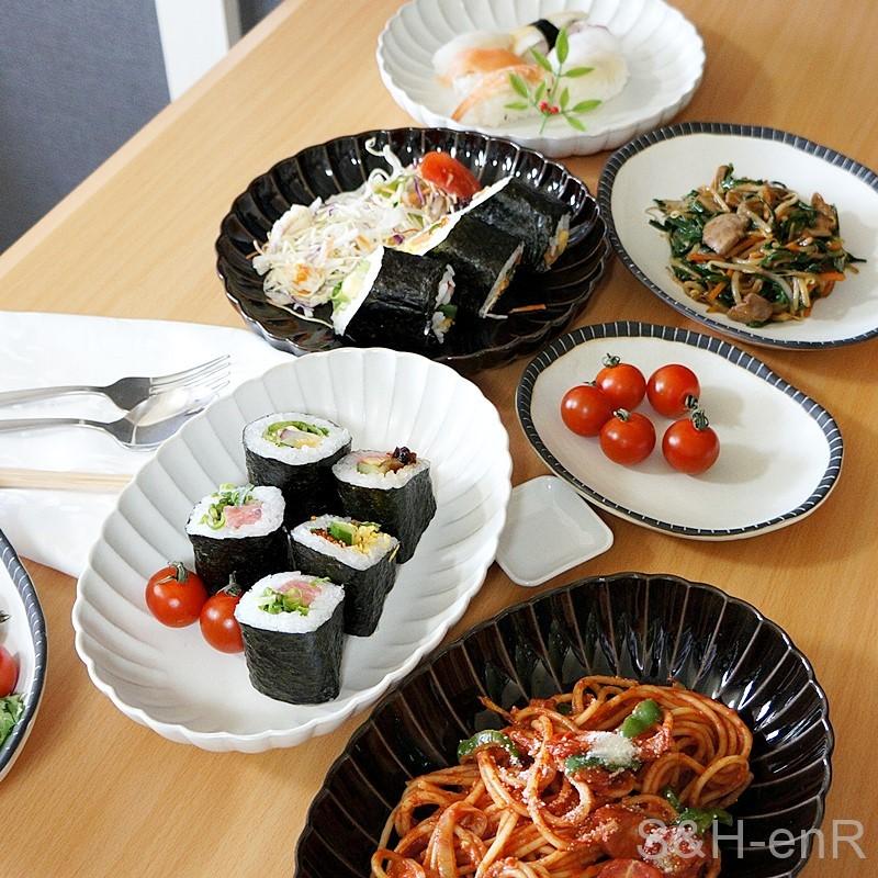 陶器製 楕円形皿セット 黒白模様 瀬戸焼 楕円皿 菊紋 白 陶器 お皿 菊皿 カレー皿 パスタ皿 かわいい