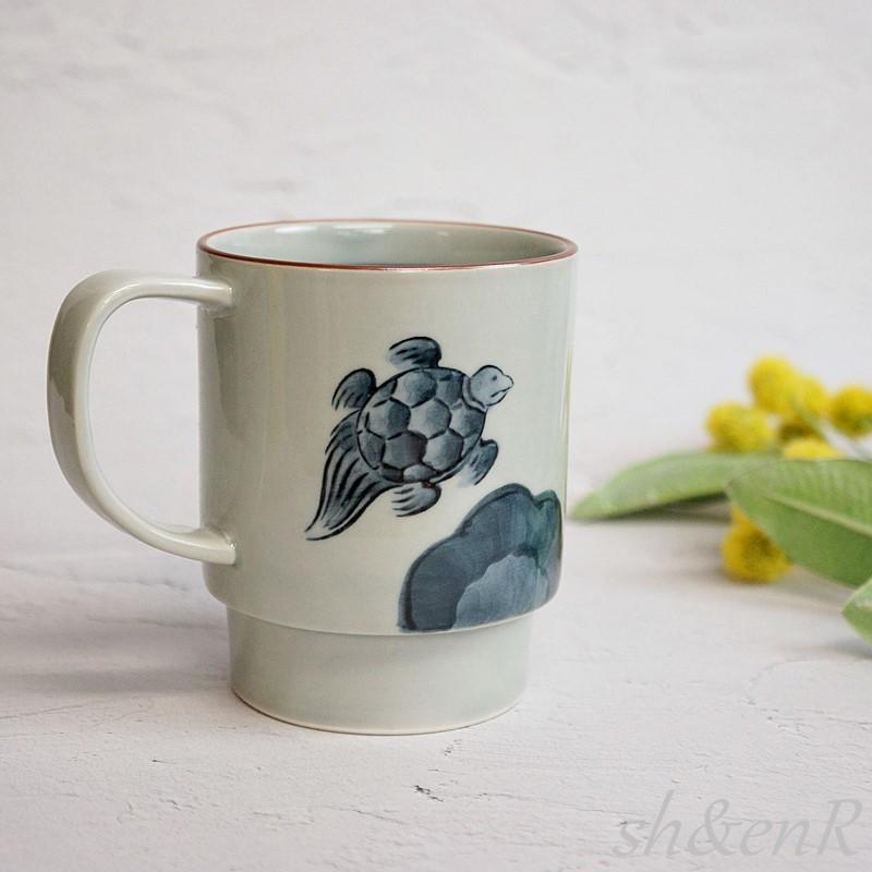 波佐見焼 マグカップ マグ 手描き 鶴亀絵柄 縁起 陶器 大きい コーヒー