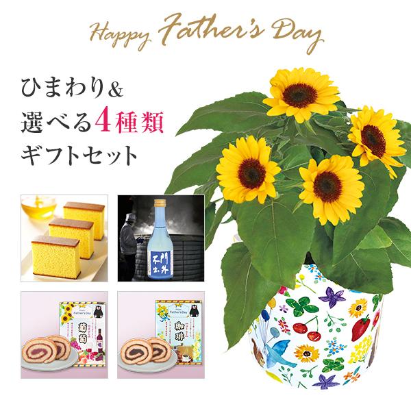 あすつく 父の日 ギフト プレゼント 花 鉢植え ひまわり 文明堂 カステラ 西堀酒造 日本酒