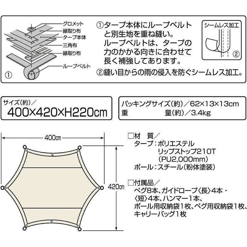 キャプテンスタッグ(CAPTAIN STAG) タープ ヘキサゴン サイズ400×420×H220cm UV・PU加工 キャリーバッグ付き タープ 約 CAPTAIN STAG ヘキサゴン サイズ400×420×H220cm UV PU加工 キャリーバッグ付き サイズ 4本