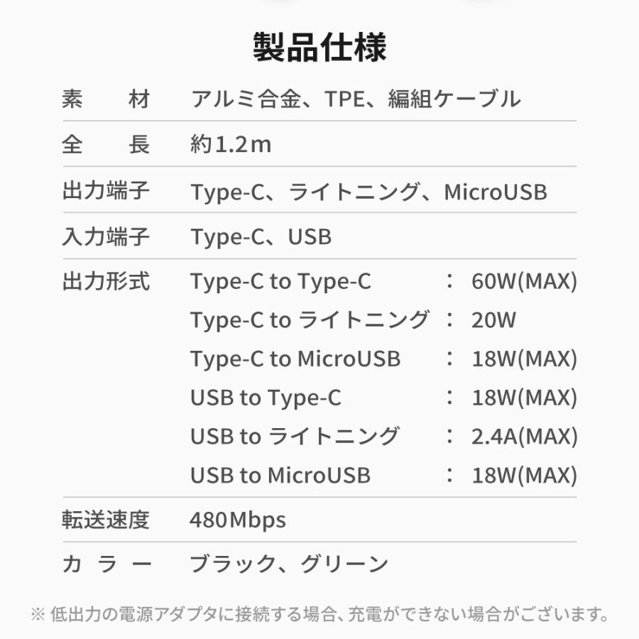 充電ケーブル 3in1 1.2m PD充電 データ転送 複数入力端子 複数出力端子 iOS Micro USB Type-C ライトニング 480Mbps 60W QC充電 5in1｜hanaro-online-store｜10
