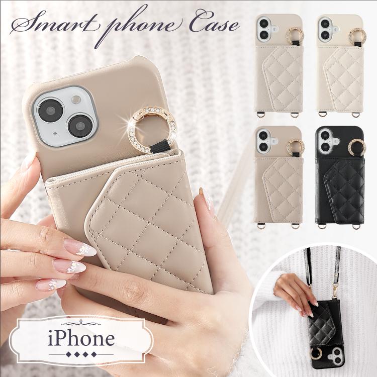 iPhone17 ケース ショルダー ストラップ iPhone17e iPhone16 背面 カード ポケット 着脱可能 iPhone16e iPhone17Pro iPhone15 iPhone16Pro 14 キルティング（Yahoo!・HANARO オンラインストア）