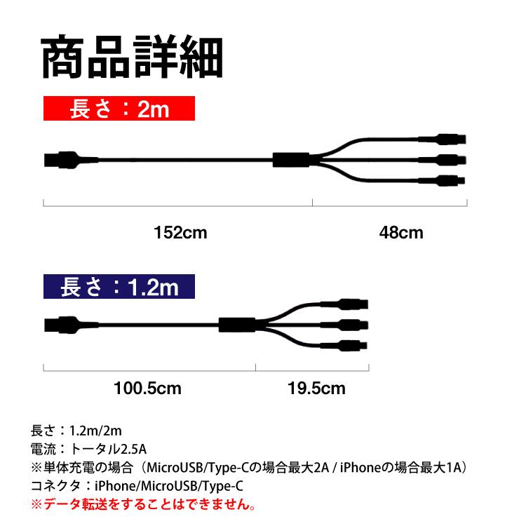 iPhone 充電ケーブル 3in1 2m 1.2m Android Micro USB Type-C 充電ケーブル 断線防止 iOS 充電器 コード 同時充電可能 LEDライト付き 同時充電｜hanaro｜08