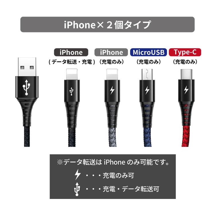 iPhone ケーブル iPhone 充電ケーブル 4in1 1.2m 急速充電 Android Micro USB Type-C ケーブル データ転送 同時充電 タブレット ios｜hanaro｜09