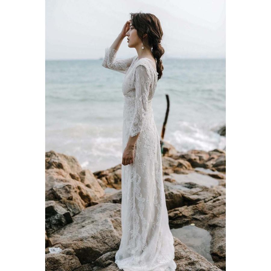 ホワイトウェディングドレス レース装飾 ウェディングドレス 花嫁 二次会 ウエディングドレス 結婚式 9分袖