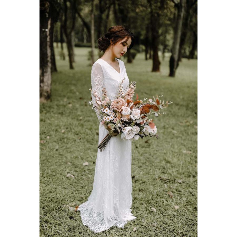 ウエディングドレス 購入 袖あり 白 安い 花柄レース 花嫁 二次会 結婚