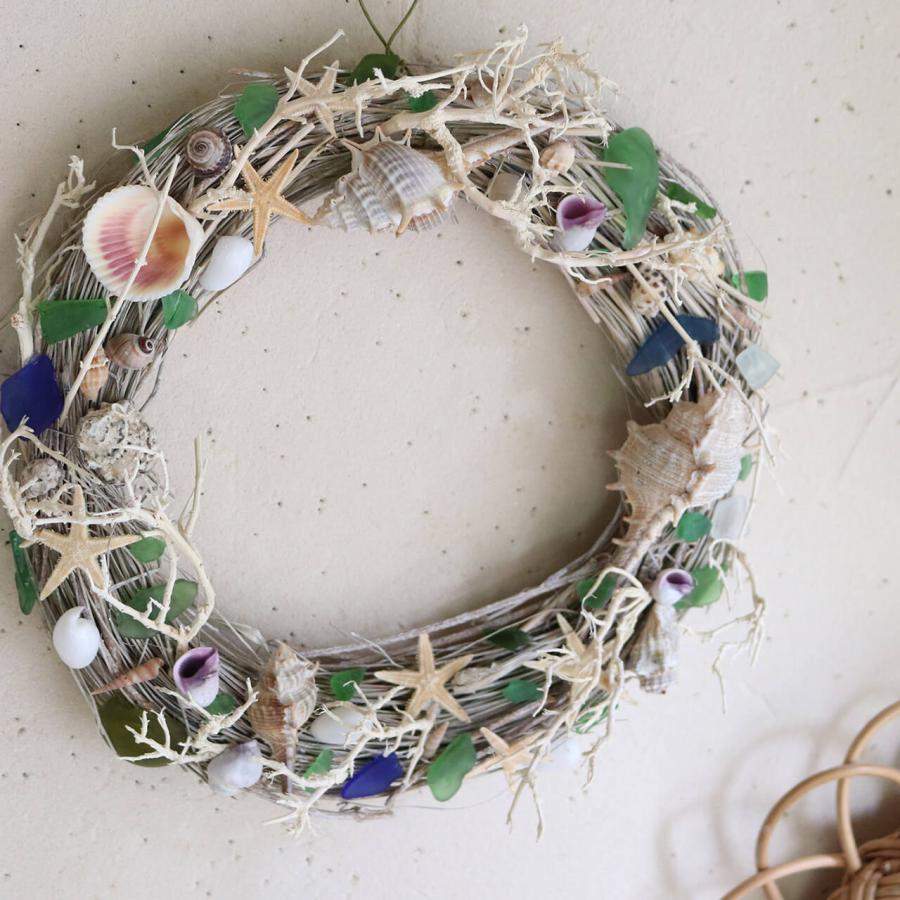 1点もの ・ 玄関ドアOK♪】貝殻とシーグラスの夏色リース H / 夏 玄関