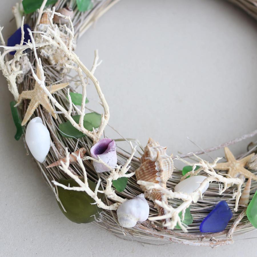 1点もの ・ 玄関ドアOK♪】貝殻とシーグラスの夏色リース H / 夏 玄関