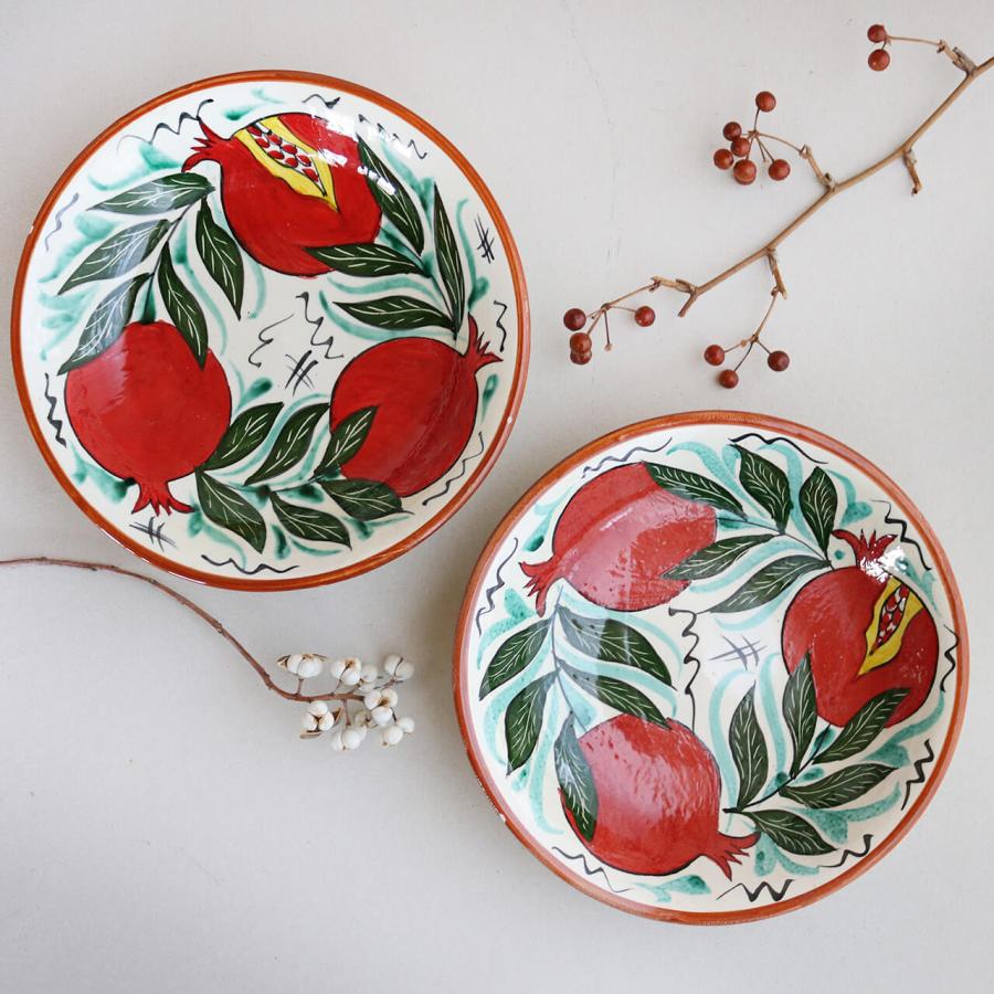 ウズベキスタン リシタン陶器 ザクロ プレート オレンジ系