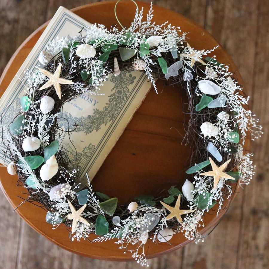 1点もの ・ 玄関ドアOK♪】貝殻とシーグラスの夏色リース C / 夏 玄関