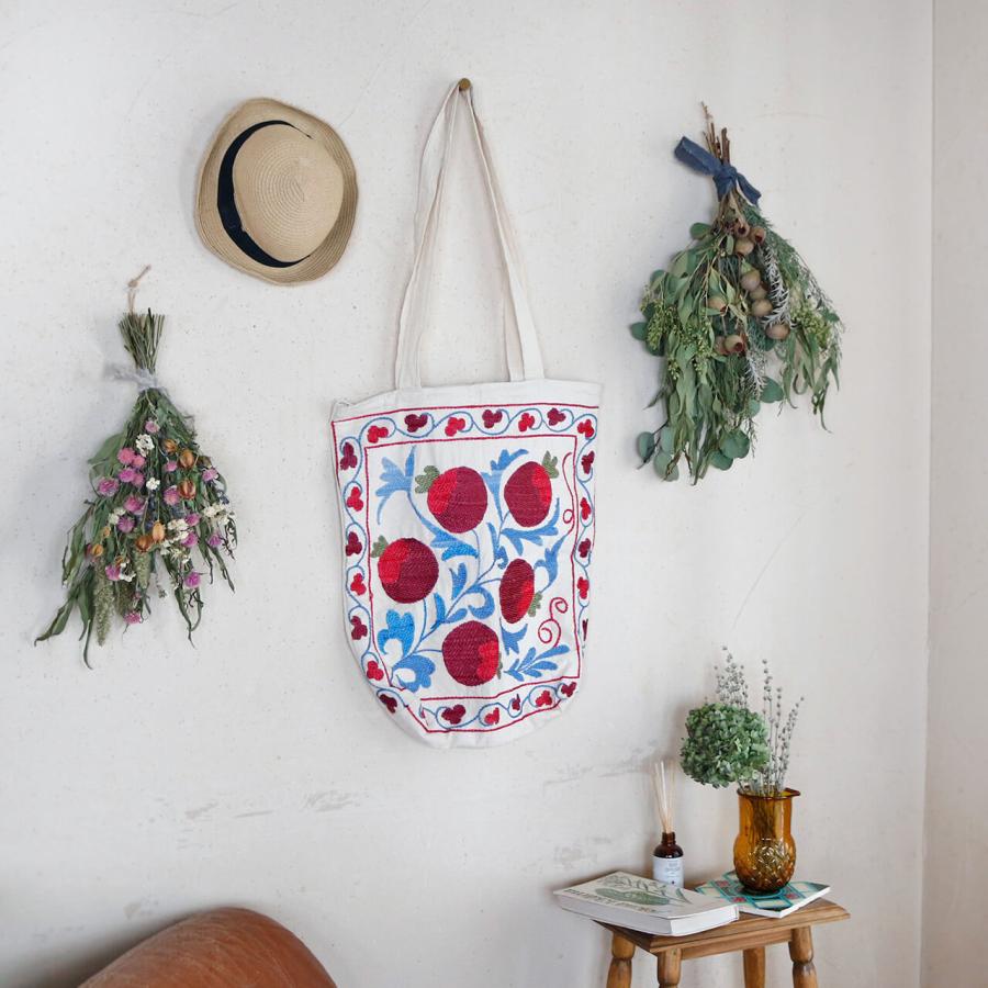 1点もの】スザニ刺繍 トート バッグ ザクロ レッド 系