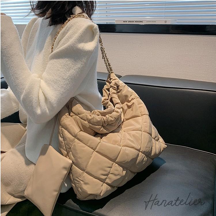 5色☆中綿キルティングトートバッグ・リボンチェーン付きbag065