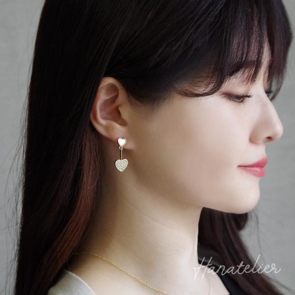 ピアス キュービックジルコニア＆シェルのアシンメトリーハートピアス