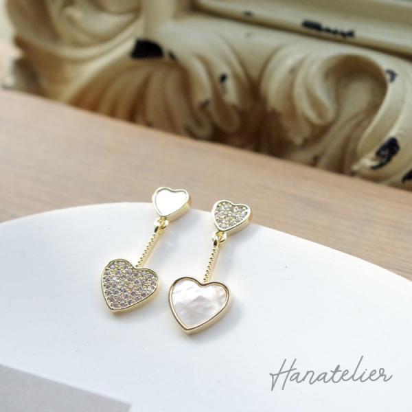 ピアス キュービックジルコニア＆シェルのアシンメトリーハートピアス