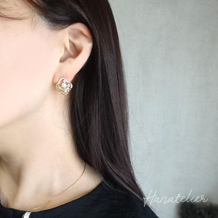 14金メッキパール付きクローバー立体モチーフピアス pie158 （ノン 