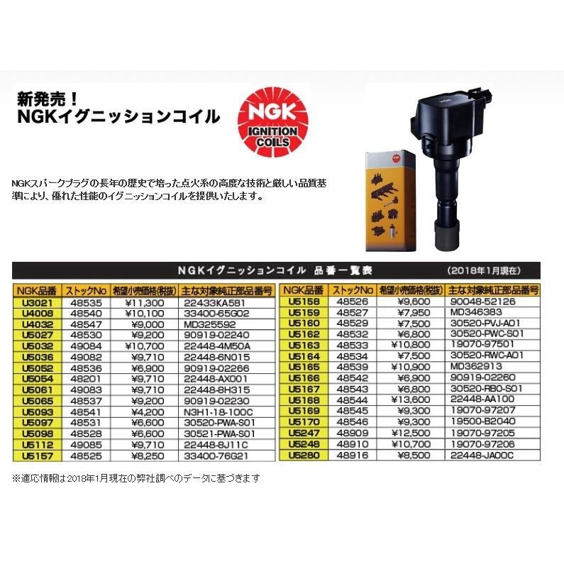 NGK イグニッションコイル 【トヨタ カローラ NZE124 1NZ-FE H14.9-H18.9】 品番：U5027 (ストックNo.48530)｜hanatora｜02