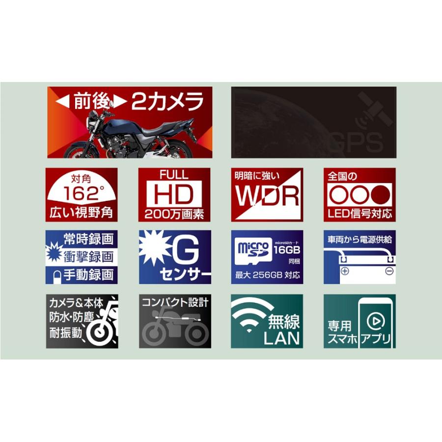 MITSUBA バイク専用ドライブレコーダー 32GB (前後2カメラモデル／microSD：32GB) 品番：EDR-21Aの画像