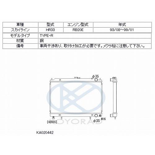 KOYO　コーヨー　レーシングラジエター　HR33　日産　08-1999　品番：KA020442　1993　タイプR　スカイライン　01　MT