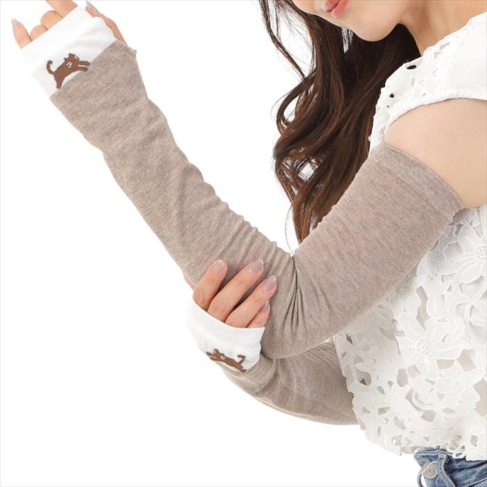 プッチ　ロングアームカバー　猫ちゃんとフルーツフラワー　ハンドメイド 佩 / ハク] 日本製 猫ミテーヌ アームカバー セミロング キジシロ UV