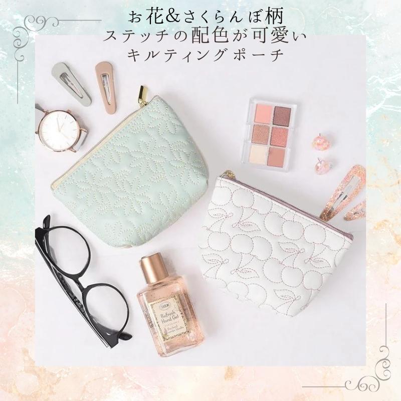 FLOWERING 花柄 さくらんぼ キルティング マチ付き ポーチ メイク