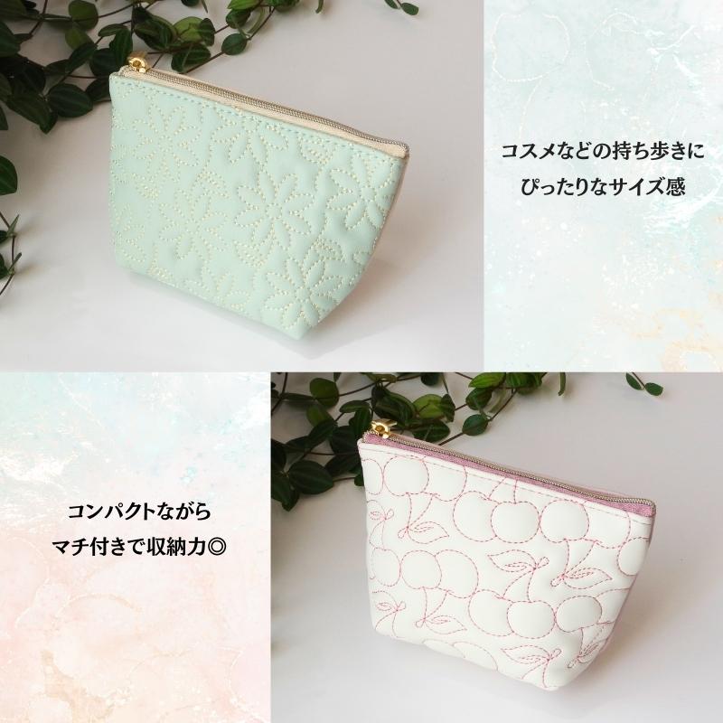 FLOWERING 花柄 さくらんぼ キルティング マチ付き ポーチ メイク