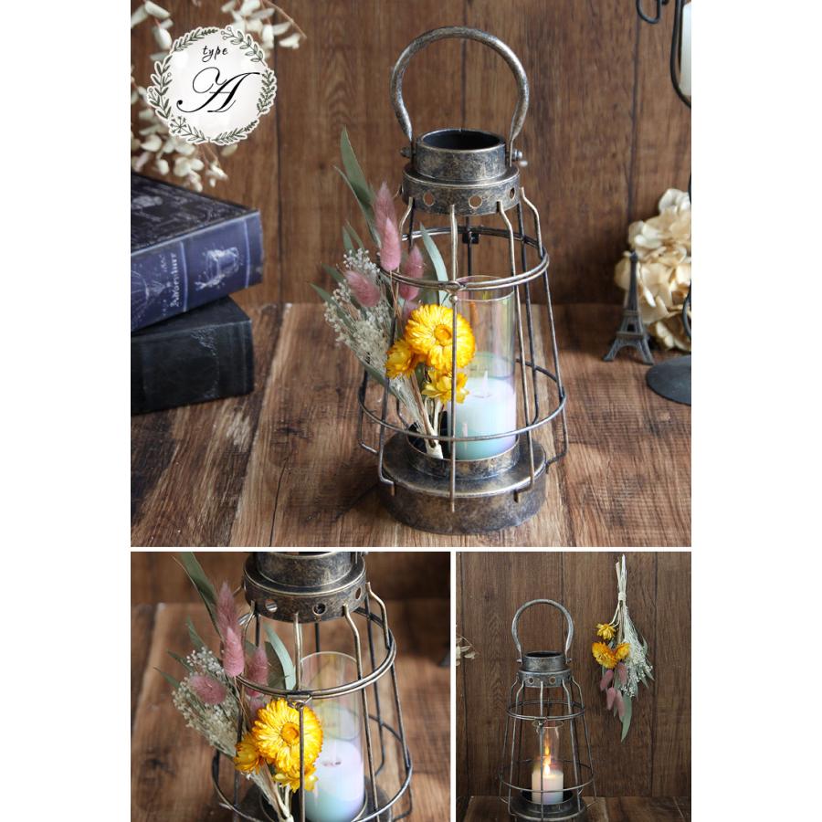 送料無料 ドライフラワーブーケ ＆ ランタン LEDキャンドル付 高さ35cm