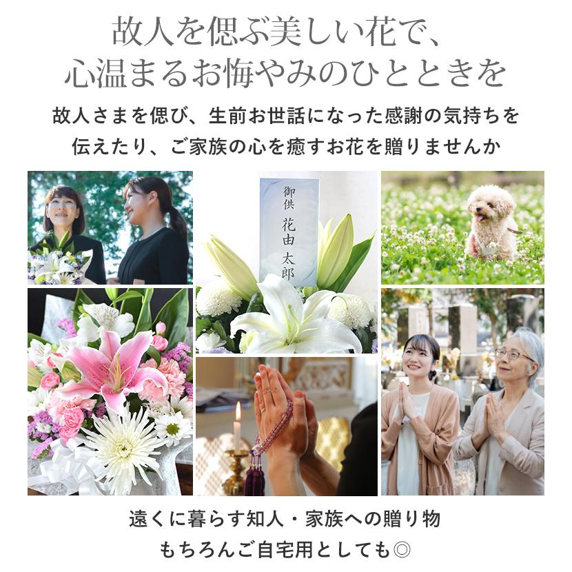 お供え 花 一周忌 お供え生花アレンジメントS （ユリ入り）＆ひんやり涼菓＜あわやの水ようかんと和三盆わらび餅のセット＞8月3日〜20日届まで [冷蔵便] | フラワーマーケット花由 | 06