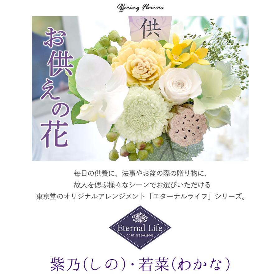 お供え 仏花 プリザーブドフラワー アーティフィシャルフラワー 紫乃 若菜 仏壇 お供え用アレンジメント 花 お彼岸 お悔やみ 命日 一周 忌 贈り物 フラワーマーケット花由 通販 Paypayモール