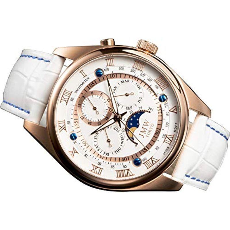 JMW TOKYO腕時計 メンズ 上級ムーンフェイズ 日本製ムーブメント 本革ベルト ローマ数字インデックス 100m防水 タキメーター (