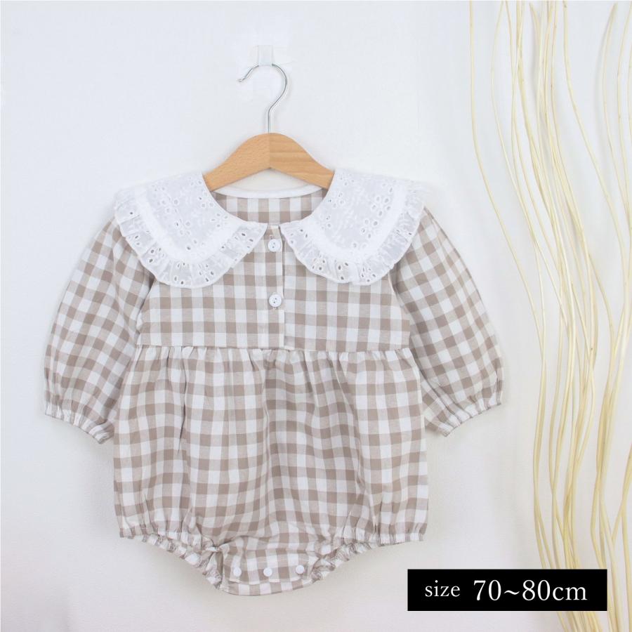 ロンパース ベビー服 ベビー キッズ 子供服 子ども服 服 秋 冬 春 子ども 子供 新生児 赤ちゃん 女の子 長袖 丸襟 レース チェック | 