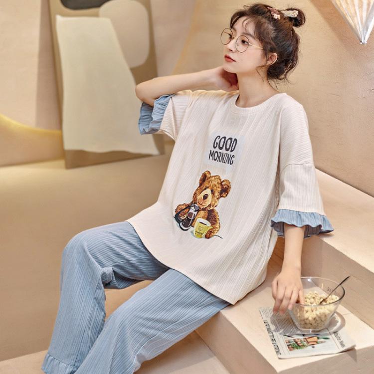 最新人気 部屋着 寝巻き パジャマ 家着 セットアップ レディース 春 夏 秋 ルームウェア 外出 可愛い 半袖 七分袖 上下セット ゆったり おしゃれ 韓国 2点セット Btc Com Br