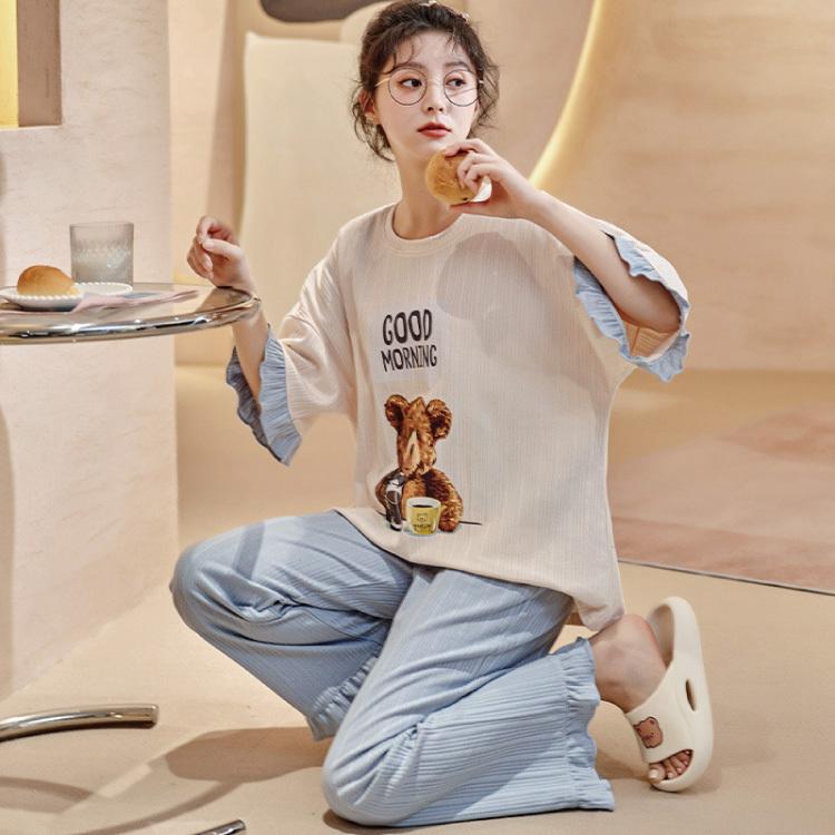 最新人気 部屋着 寝巻き パジャマ 家着 セットアップ レディース 春 夏 秋 ルームウェア 外出 可愛い 半袖 七分袖 上下セット ゆったり おしゃれ 韓国 2点セット Btc Com Br