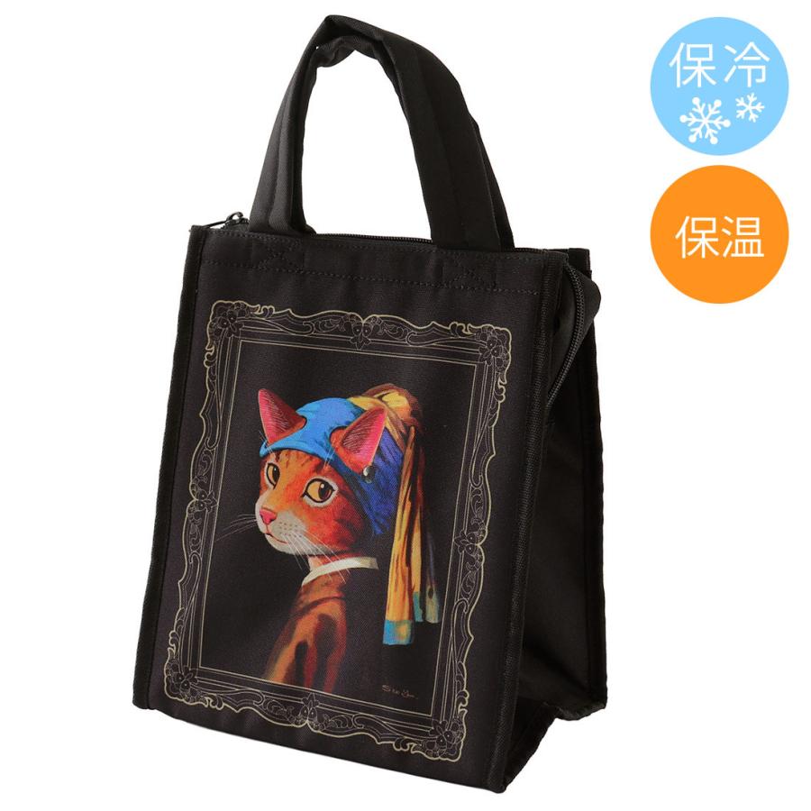 泰子　❣️保冷・保温　ランチトートバッグ　3点　猫パネル キャットアート 保冷・保温バッグ 真珠のイヤリングをした少女猫