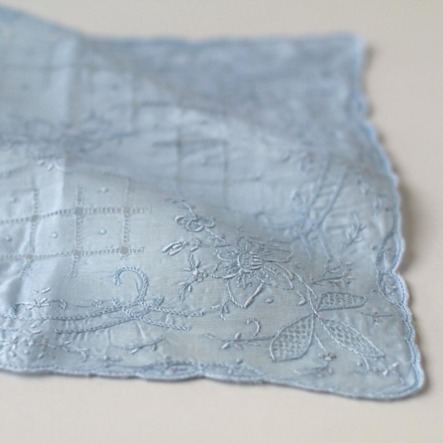 スワトウ ハンカチ 青と白のレース模様 ハンカチ 鳳凰柄 ブルー